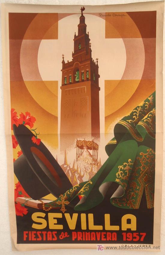 Affiches Foire: CARTEL SEVILLA FERIAS Y FIESTAS 1957 GRANDE ILUSTRADOR RICARDO ANAYA LITOGRAFICO ORIGINAL 3P