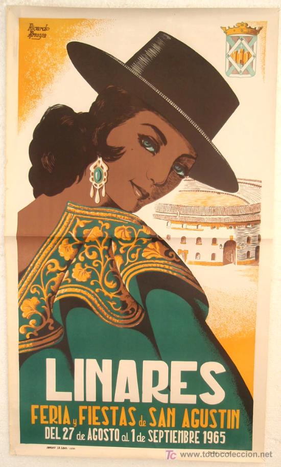 Carteles feria: CARTEL LINARES JAEN FERIAS Y FIESTAS 1965 GRANDE ILUSTRADOR RICARDO ANAYA LITOGRAFICO 3P