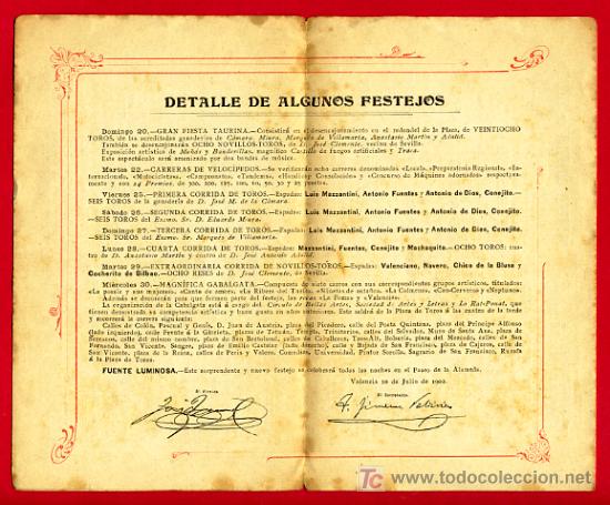 Carteles feria: PROGRAMA DE FERIA DE VALENCIA, JULIO 1902 , ORIGINAL - Foto 2