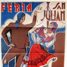 Carteles Feria: CARTEL FERIAS Y FIESTAS, CUENCA 1942 , FERIA SAN JULIAN , ILUSTRA CABAÑAS , ORIGINAL, LITOGRAFIA