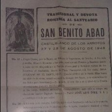 Carteles Feria: ROMERIA SAN BENITO ABAD CASTILBLANCO DE LOS ARROYOS SEVILLA 1948 FOLIO. Lote 98043347