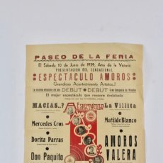 Carteles Feria: PR-776 PASEO DE LA FERIA .10 DE JUNIO DE 1939 AÑO DE LA VICTORIA .ESPECTACULO AMOROSO. Lote 153813790