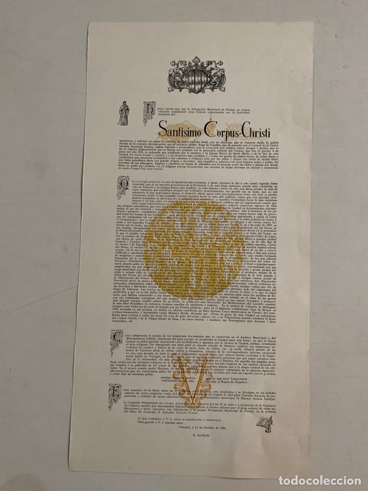 Carteles feria: Valencia 1961 sant&iacute;simo corpus christi - Foto 1