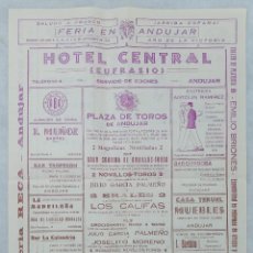 Carteles Feria: CARTEL FERIA DE ANDUJAR, AÑO DE LA VICTORIA SEPTIEMBRE 1939. MUCHA PUBLICIDAD. Lote 342013038