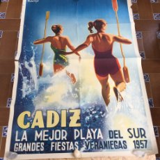 Carteles Feria: CARTEL ANTIGUO CÁDIZ GRANDES FIESTAS VERANIEGAS 1957 LA MEJOR PLAYA DEL SUR
