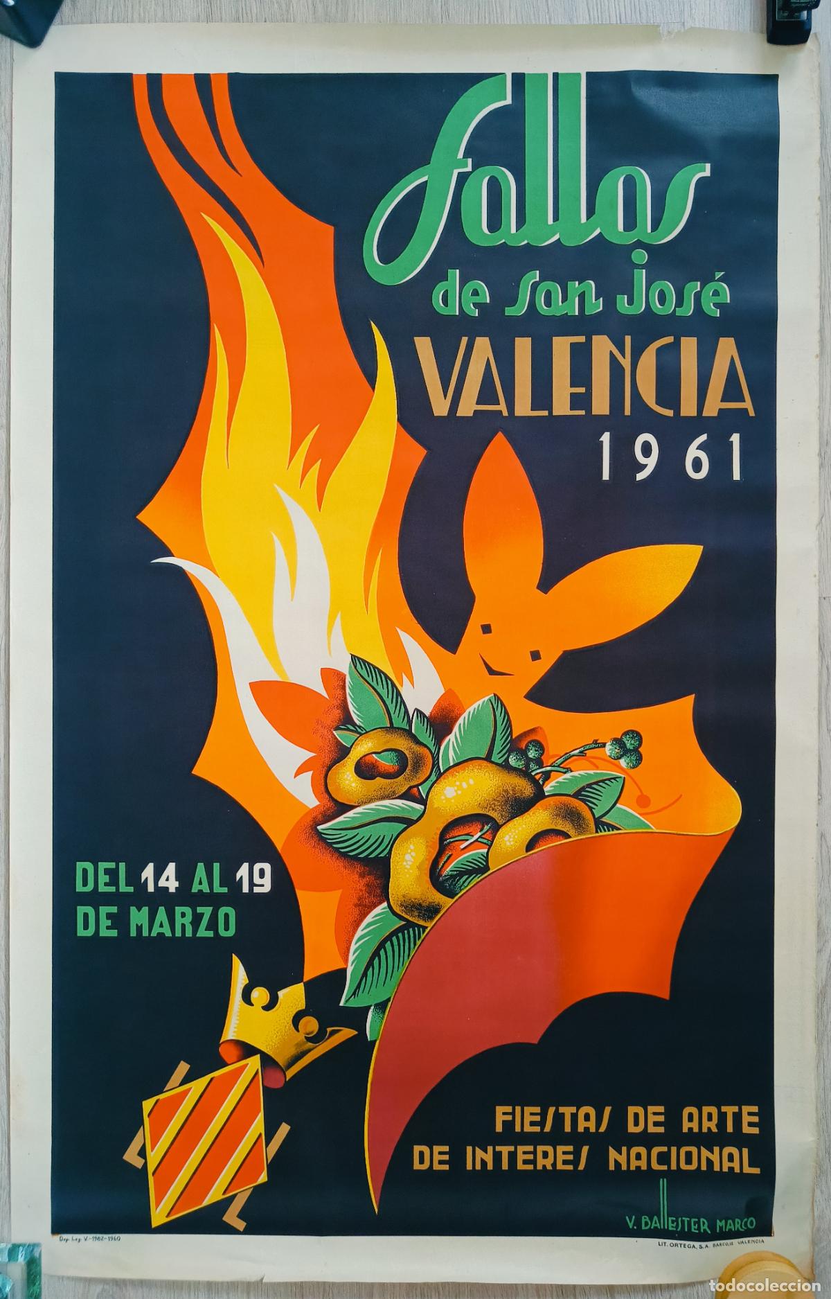 Carteles Feria: CARTEL FALLAS 1961 VALENCIA V. BALLESTER MARCO FIESTAS SAN JOSE PFA5