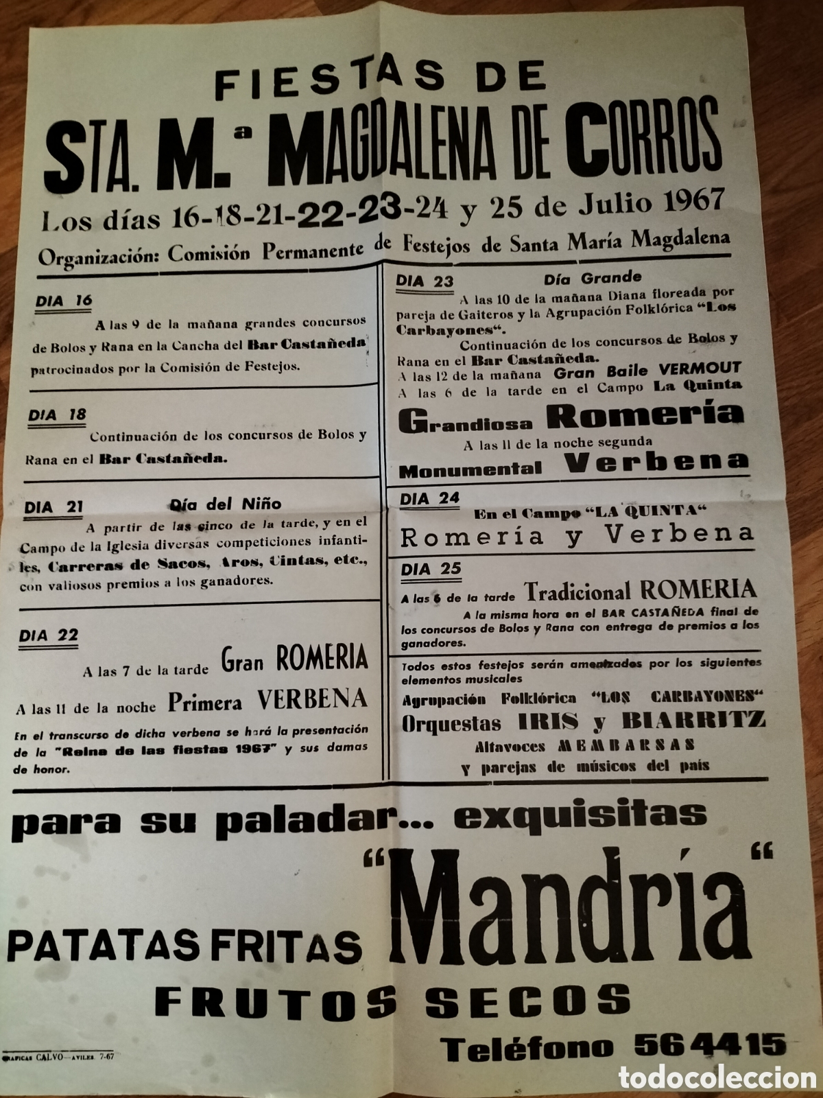 Carteles feria: Avil&eacute;s.Cartel Fiestas de STA.Ma Magdalena de Corros. 1967.
