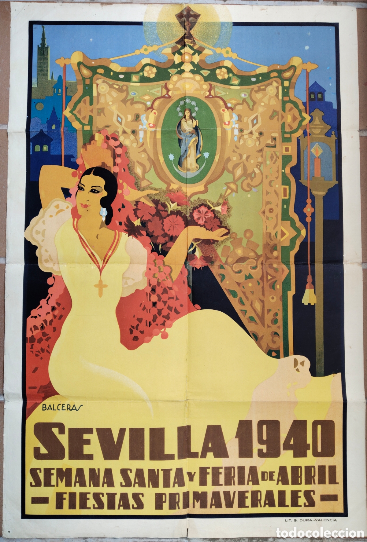 Cartazes Feira: ANTIGUO Y PRECIOSO CARTEL ORIGINAL DE LA SEMANA SANTA Y FERIA DE ABRIL DE SEVILLA DEL A&Ntilde;O 1940 - LIT
