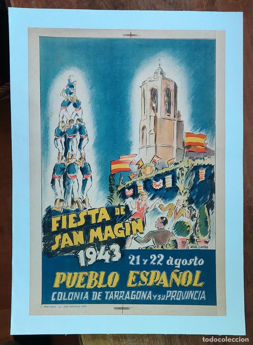 Carteles feria: CARTEL FIESTA SAN MAGIN 1943 PUEBLO ESPA&Ntilde;OL BARCELONA CASTELLERS COLONIA TARRAGONA ENTELADO