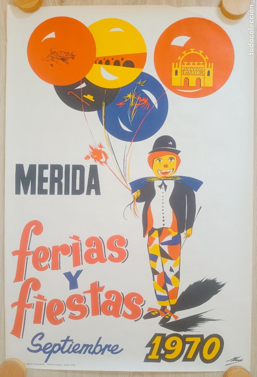 Carteles feria: CARTEL FERIAS Y FIESTAS MERIDA SEPTIEMBRE 1970 PAYASO CON GLOBOS CFE14