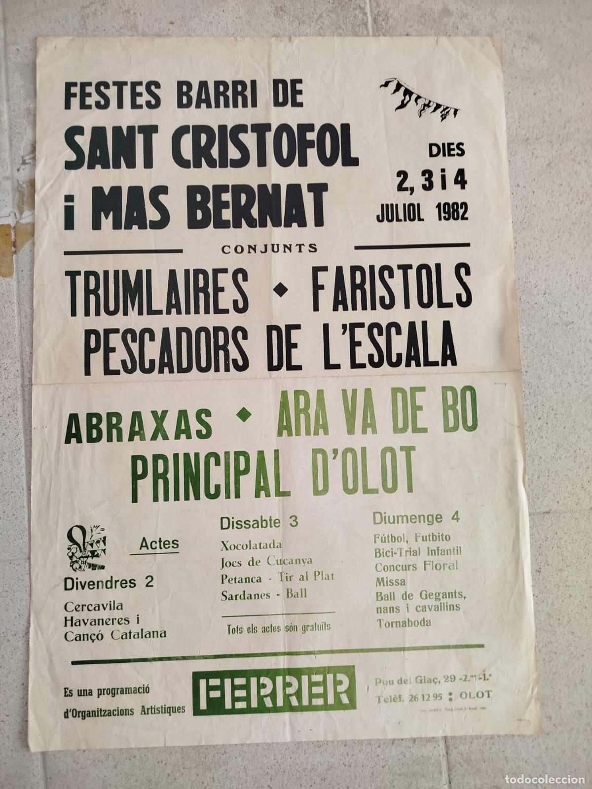 Carteles feria: Cartell original Festes Barri Sant Crist&ograve;fol i Mas Bernat Olot 1982 Havaneres Sardanes Gegants