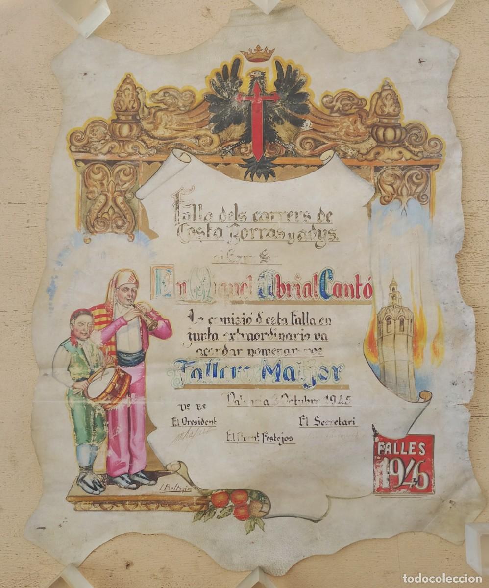Carteles feria: Diploma Nombramiento Fallero Matjor de la Falla Dels Carrers de Costa Borras y Adys 1946 J. Beltr&aacute;n