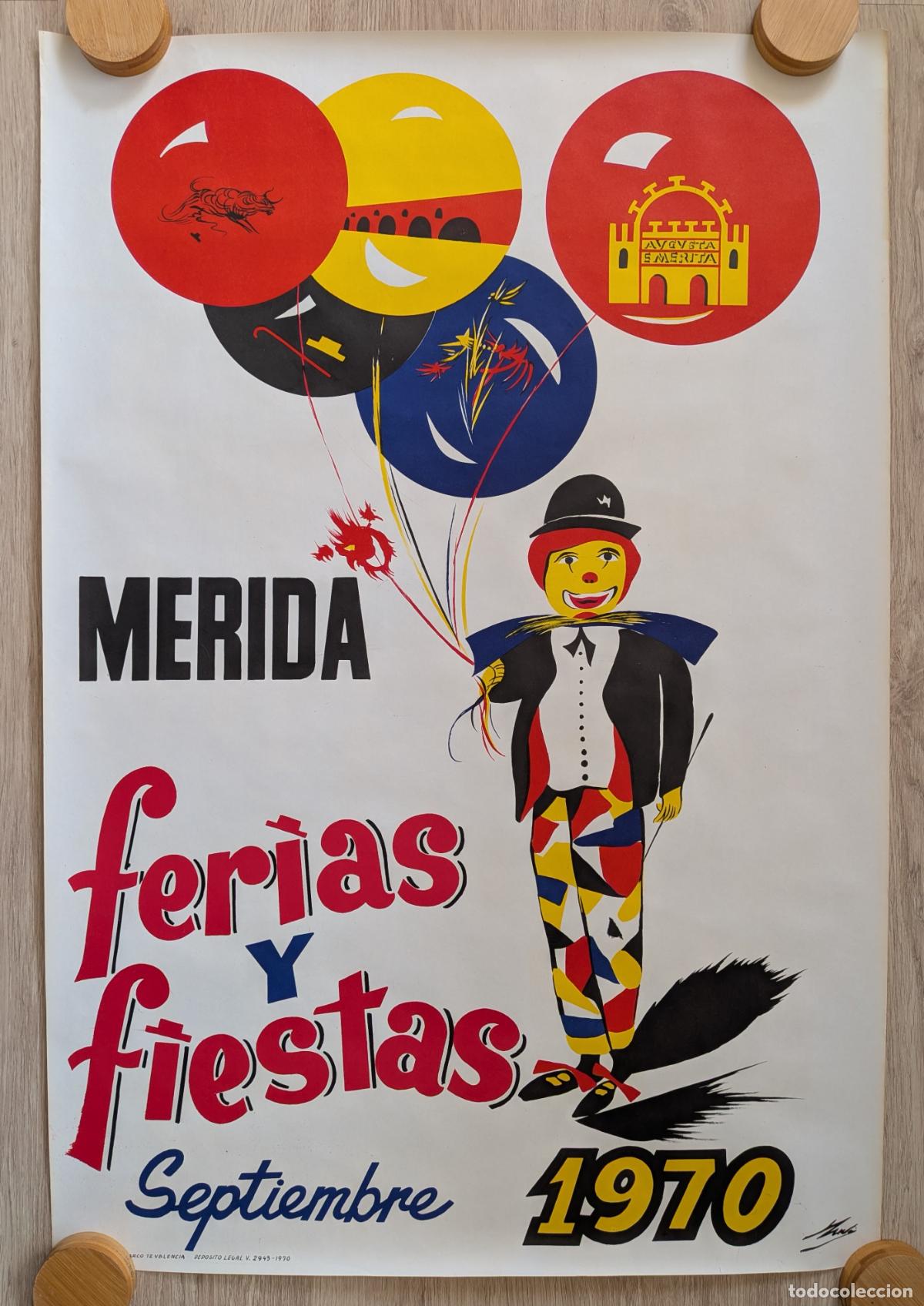 Cartazes Feira: RW CARTEL FERIAS Y FIESTAS MERIDA SEPTIEMBRE 1970 PAYASO CON GLOBOS CFF186 R