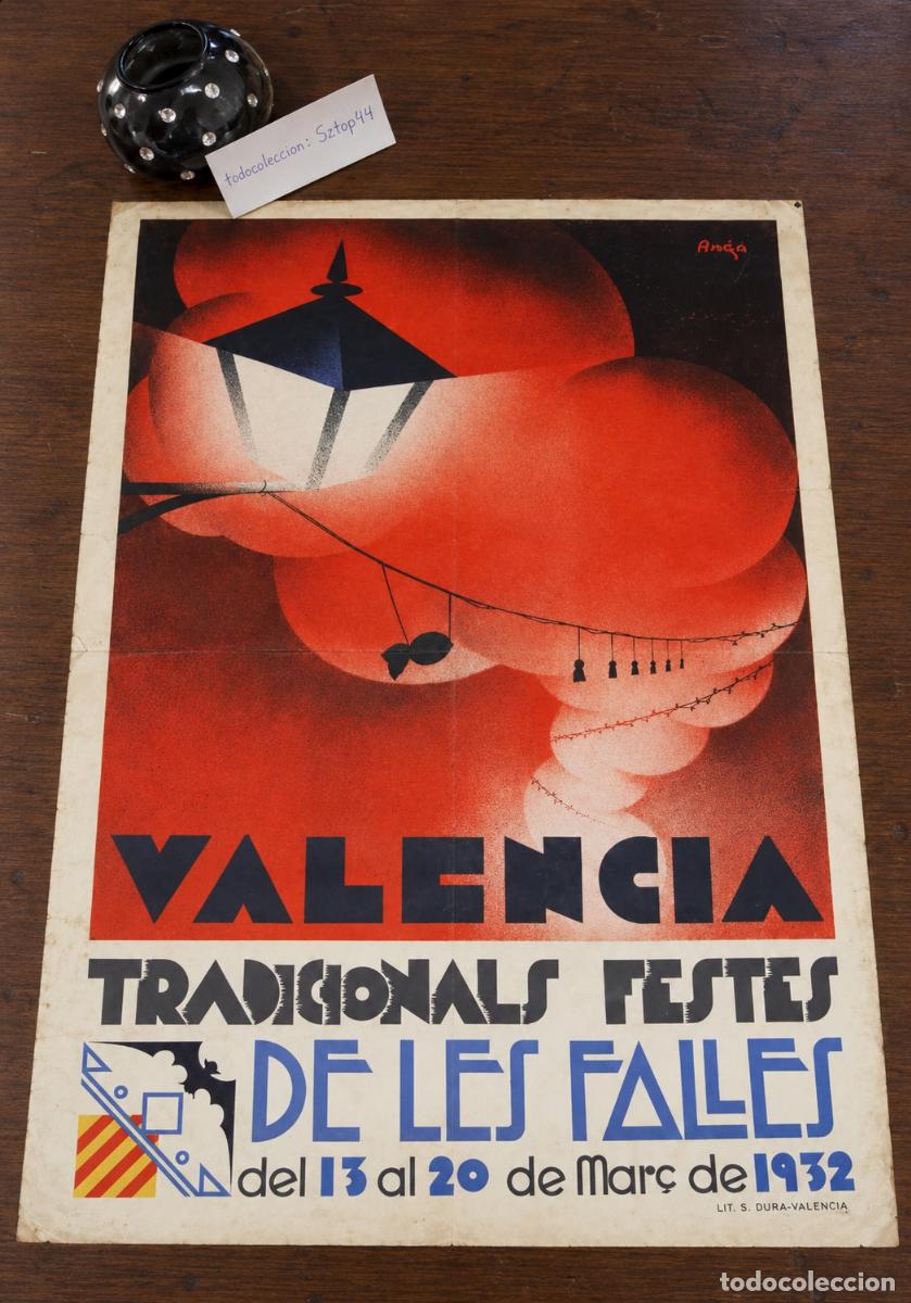 Carteles feria: Antiguo Cartel Fallas de Valencia 1932 - Rafael Raga (An&oacute;n) - Art D&eacute;co - Lit. S. Dur&aacute;