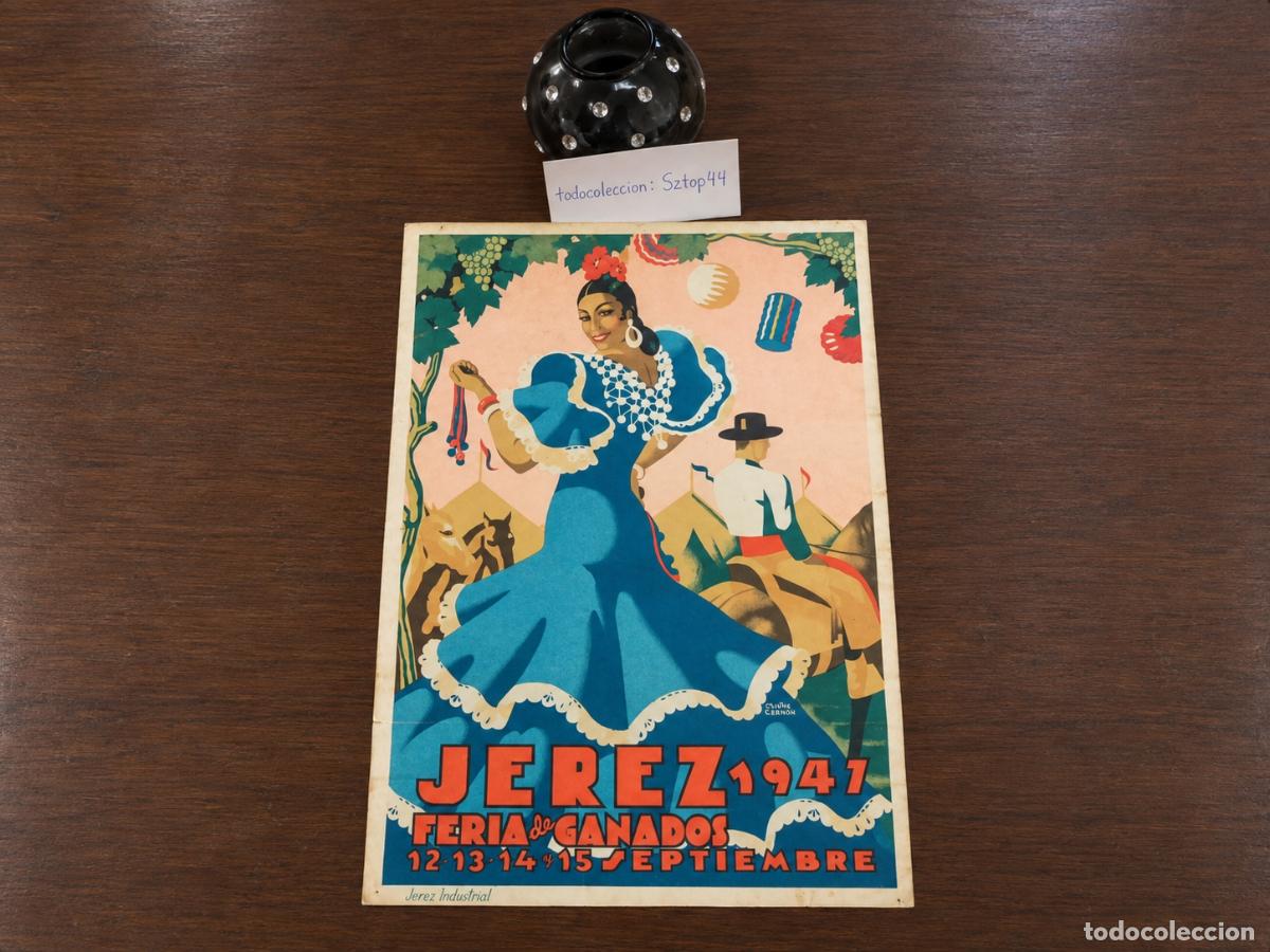 Carteles feria: Antiguo Cartel Jerez 1947 - Feria de Ganados - Calixto Mu&ntilde;e y Vicente Cern&oacute;n