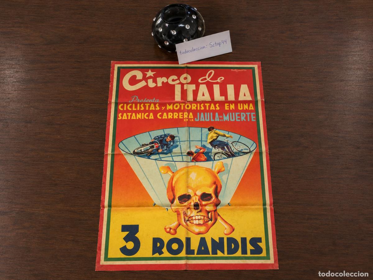 Carteles feria: Antiguo Cartel de Circo de Italia - 3 Rolandis - Jaula de la Muerte con Calavera