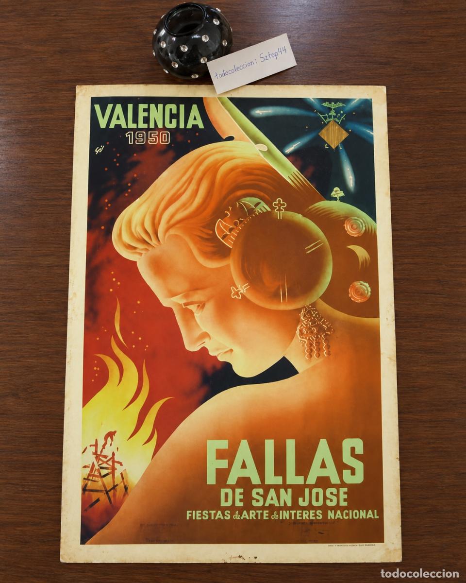 Carteles feria: Antiguo Cartel Litogr&aacute;fico Oficial Fallas de Valencia 1950 - Artista Manuel Gil - Rareza Coleccionis