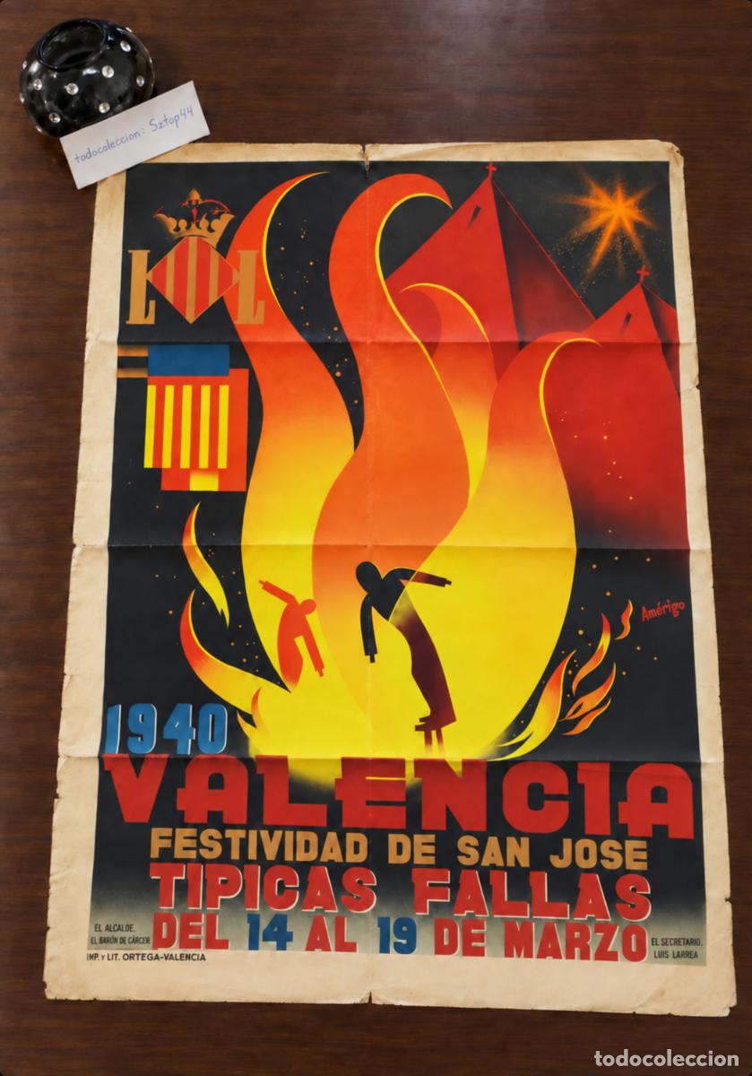 Carteles feria: Cartel Original Valencia 1940 &ndash; Festividad de San Jos&eacute; T&iacute;picas Fallas &ndash; Jos&eacute; Am&eacute;rigo Salazar &ndash; Litog