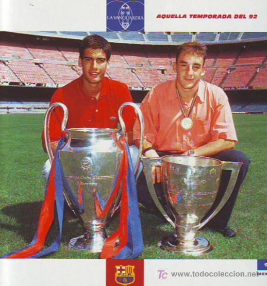 Coleccionismo deportivo: BAR&Ccedil;A : l&aacute;mina de PEP GUARDIOLA y EL CHAPI FERRER con la CHAMPIONS DEL 92 - Foto 1
