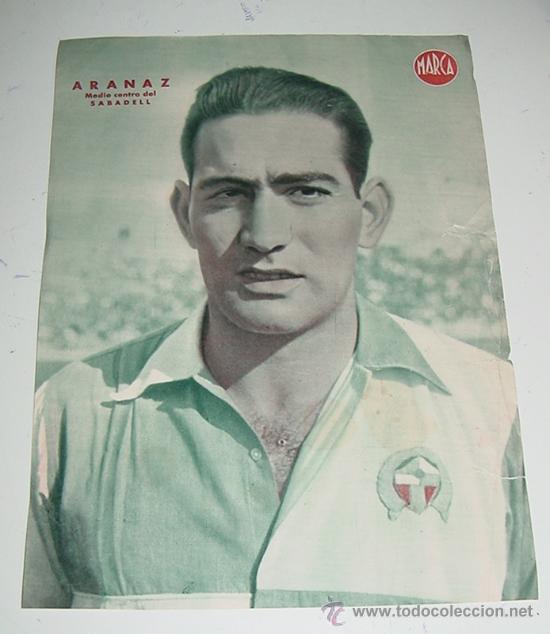 Collezionismo sportivo: CARTEL DE JUGADOR DE FUTBOL - ARANAZ, MEDIO CENTRO DEL SABADELL - MARCA - MIDE 32 X 24 CMS.