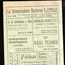 Coleccionismo deportivo: JEREZ, ESTADIO DOMECQ, 1935, CARTEL DEL ENFRENTAMIENTO CÁDIZ - JEREZ F.G.. Lote 30716265