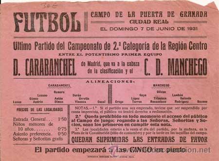 Collezionismo sportivo: CARTEL DE FUTBOL 1931 - CARABANCHEL. - C. D. MANCHEGO (Campo de la Puerta de Granada)