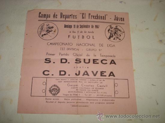 Coleccionismo deportivo: Cartelito de Futbol 3&ordf; Division Grupo 9&ordm;. Campo EL FRECHINAL S. D. SUECA contra C.D. JAVEA  de 1967