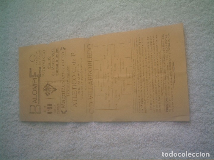 Collectionnisme sportif: PROGRAMA FUTBOL ENTRE ATLETICO C.DE MURCIA Y C.D.VILLARROBLEDO 1944 CAMPO SAN ANTON