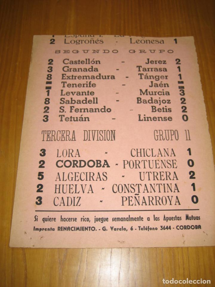 Sammelleidenschaft Sport: Antiguo cartel de resultados de F&uacute;tbol. C&oacute;rdoba CF. A&ntilde;os 50