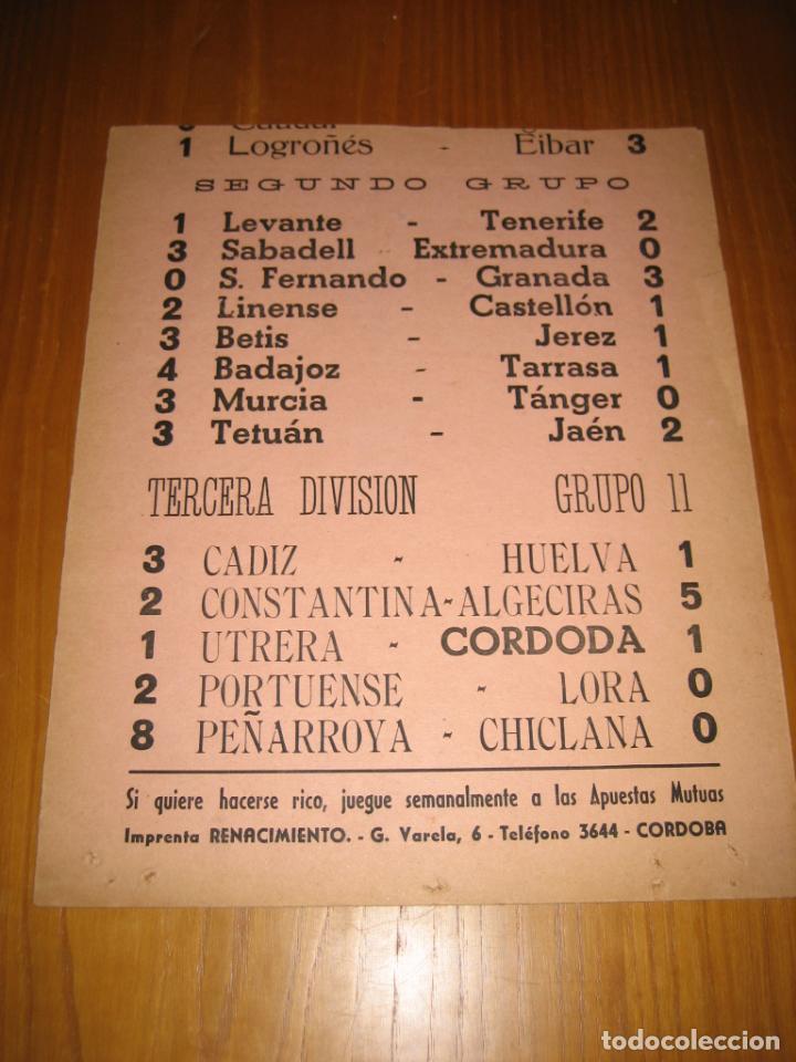 Coleccionismo deportivo: Antiguo cartel de resultados de F&uacute;tbol. C&oacute;rdoba CF. Tercera divisi&oacute;n.A&ntilde;os 50