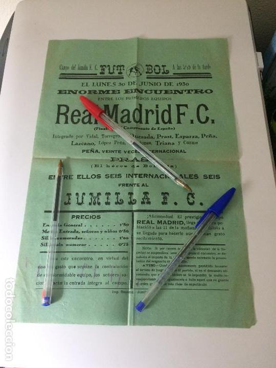 Coleccionismo deportivo: JUMILLA, F. C. - REAL MADRID, F. C. - CARTEL ORIGINAL DEL PARTIDO JUGADO EL 30 DE JUNIO DE 1930