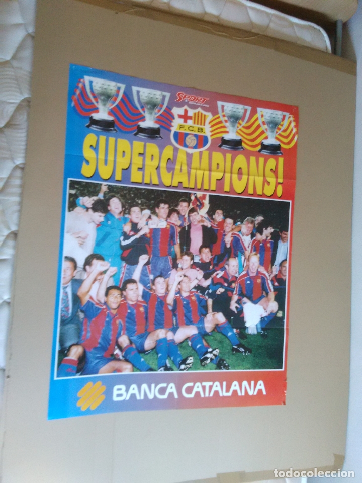 Collectionnisme sportif: ANTIGUO P&Oacute;STER BARCELONA DREAM TEAM SUPERCAMPIONS BAR&Ccedil;A 4 LIGAS A&Ntilde;OS 90 SPORT (MIDE 80 X 61 CM)