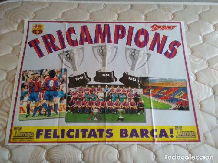 Collectionnisme sportif: ANTIGUO P&Oacute;STER SPORT BARCELONA DREAM TEAM TRICAMPIONS FELICITATS BAR&Ccedil;A MIDE 62 X 84 CM