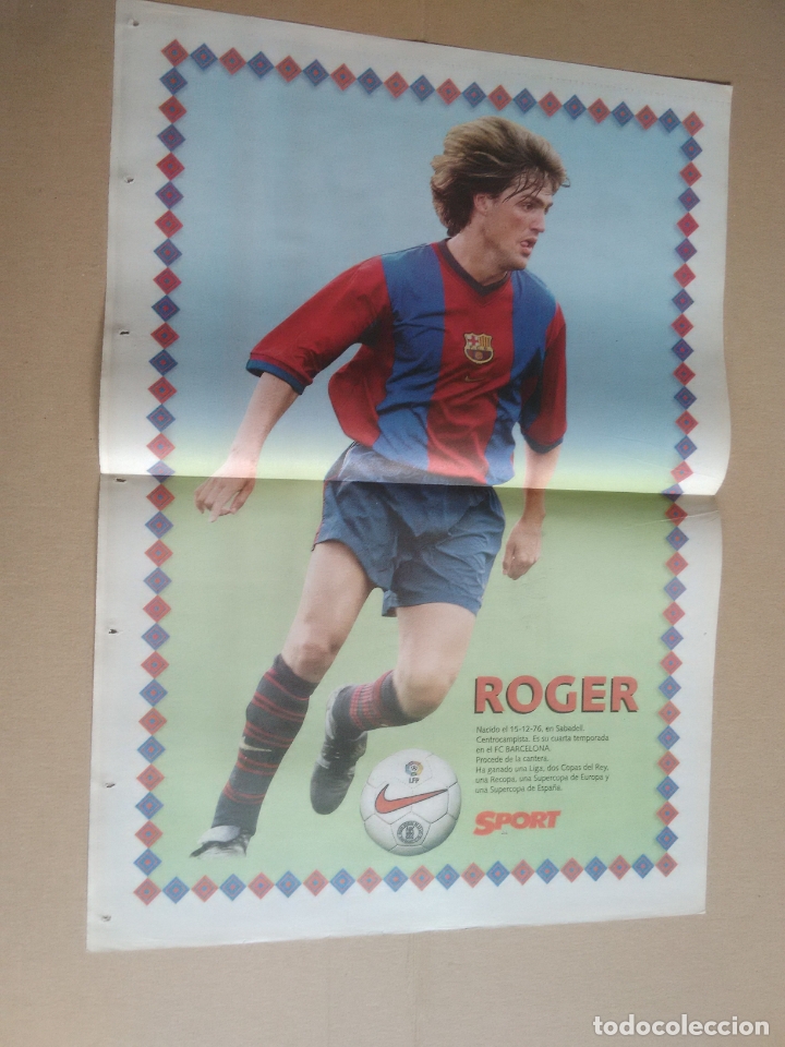 Collectionnisme sportif: ANTIGUO P&Oacute;STER 2 P&Aacute;GINAS DIARIO SPORT: ROGER F.C.BARCELONA, BAR&Ccedil;A 98-99 LIGA F&Uacute;TBOL 1998-1999