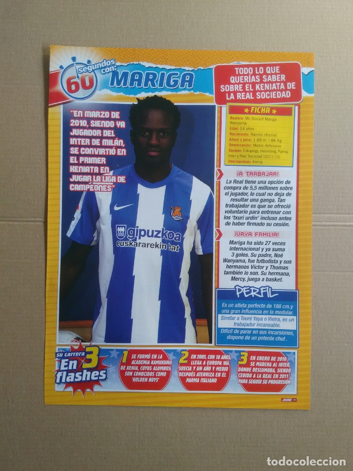 Coleccionismo deportivo: 60 SEGUNDOS CON MARIGA, REAL SOCIEDAD - TIPO P&Oacute;STER 1 P&Aacute;GINA REVISTA JUG&Oacute;N CON DATOS E INFORMACI&Oacute;N