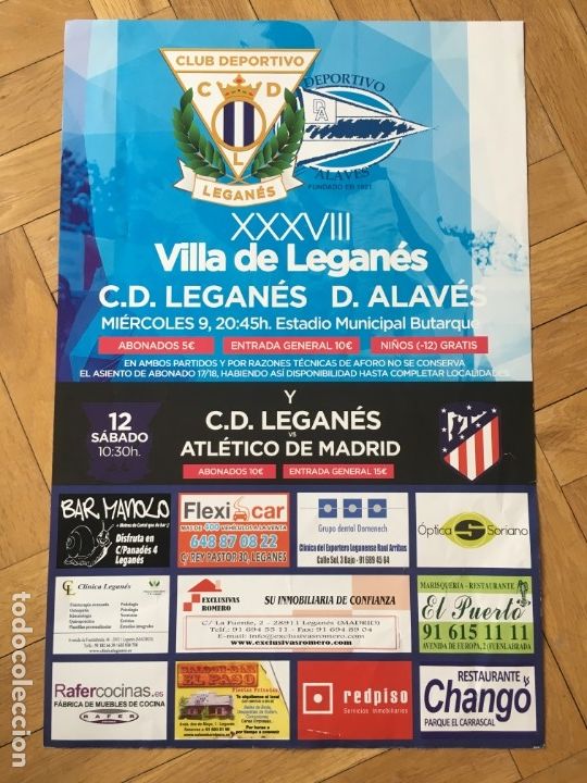 Sammelleidenschaft Sport: CARTEL POSTER OFICIAL FUTBOL XXVIII VILLA DE LEGANES 1-1 ALAVES AMISTOSO 2017 Y ATLETICO MADRID