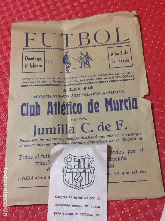 Collectionnisme sportif: CARTEL DE FUTBOL - A&Ntilde;OS 30 - CLUB ATL&Eacute;TICO DE MURCIA - JUMILLA, C. DE F. - Tama&ntilde;o 21,5 x 16 CMS.