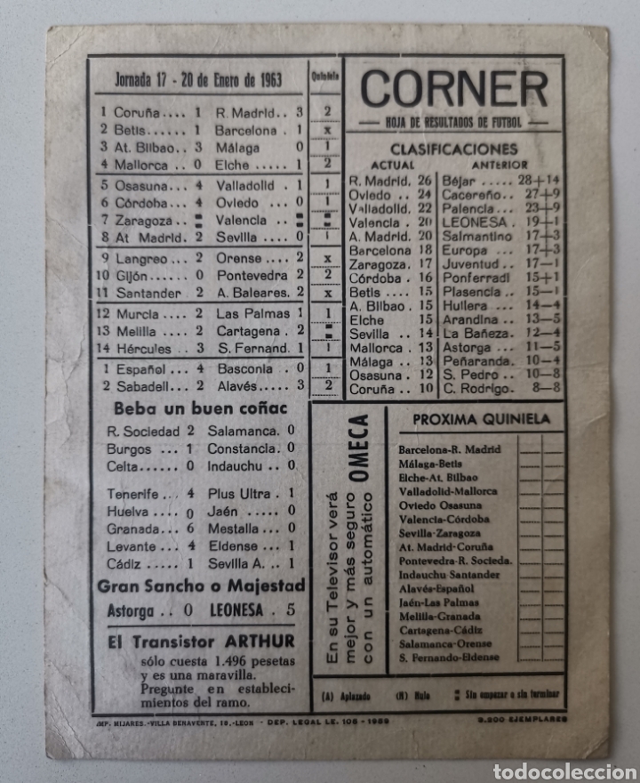 Collectionnisme sportif: Corner Hoja de Resultados de F&uacute;tbol - Clasificaci&oacute;n - Quiniela - Liga Espa&ntilde;a 1959 - Le&oacute;n