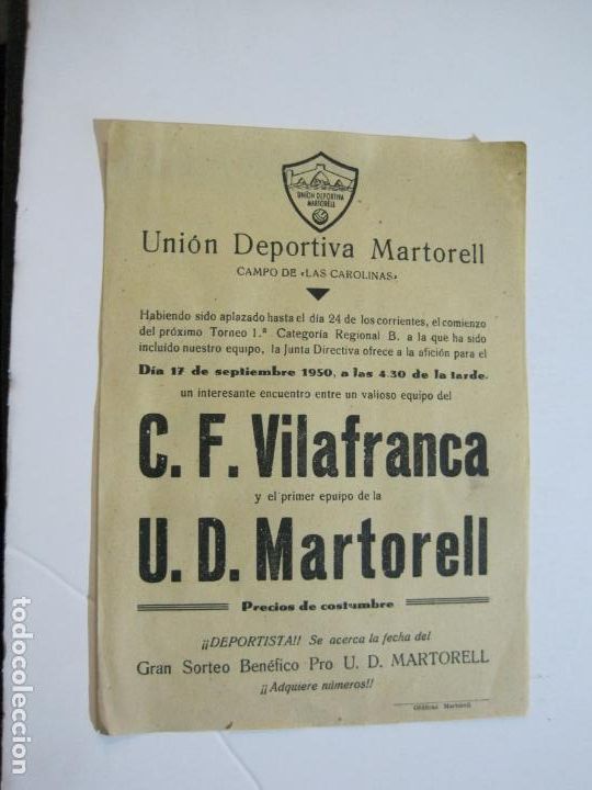Sammelleidenschaft Sport: UNION DEPORTIVA MARTORELL-CF VILAFRANCA VS UD MARTORELL-A&Ntilde;O 1950-VER FOTOS-(V-21.927)