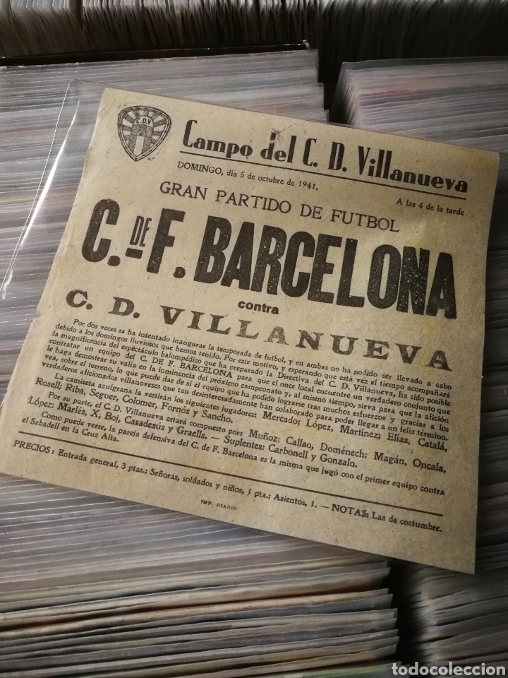Coleccionismo deportivo: FOLLETO F&Uacute;TBOL C.D.VILLANUEVA Y GELTR&Uacute;- C.F.BARCELONA, 1941. DIF&Iacute;CIL!!!.