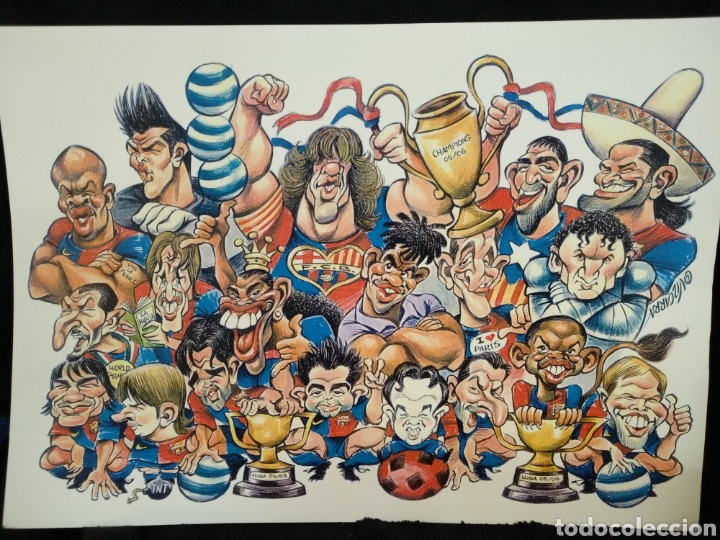 Coleccionismo deportivo: Bonito cartel caricaturas F.C barcelona , Champions 2005-06 y liga