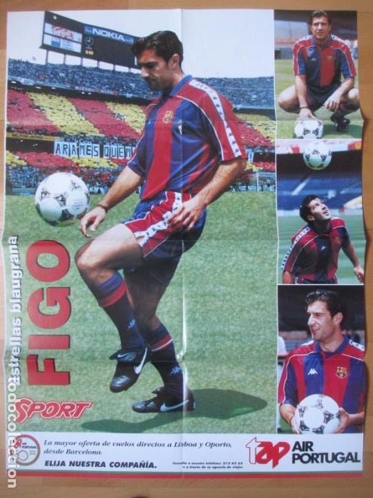 Coleccionismo deportivo: CARTEL FUTBOL ESTRELLAS BLAUGRANA BAR&Ccedil;A FIGO AIR PORTUGAL