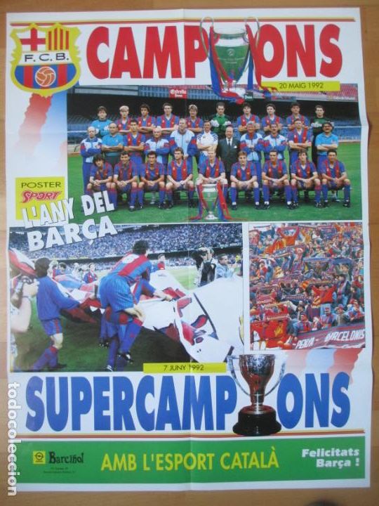 Coleccionismo deportivo: CARTEL FUTBOL CAMPIONS 20 MAYO 1992 SUPERCAMPIONS 7 JUNIO 1992 F.C. BARCELONA
