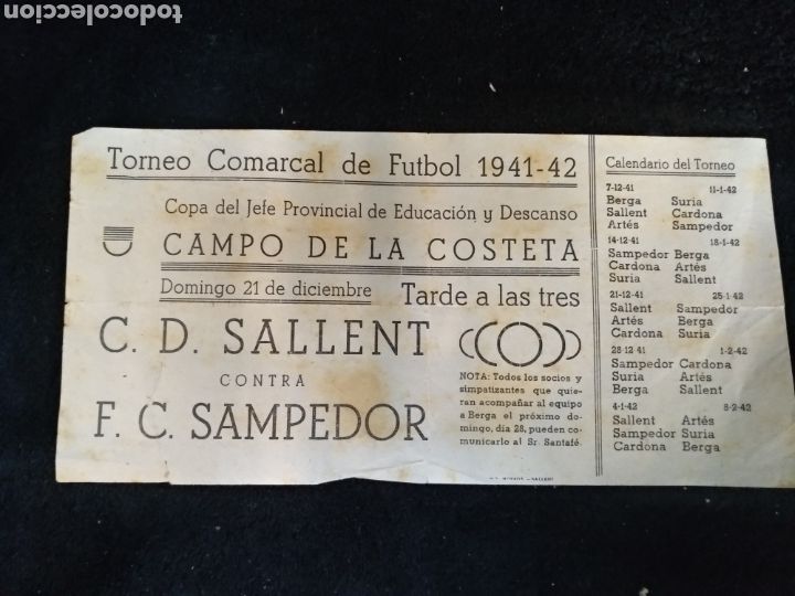 Sammelleidenschaft Sport: Folleto torneo comarcal de f&uacute;tbol 1941-42, C.D Sallent, F.C Sanpedor, campo de la costeta