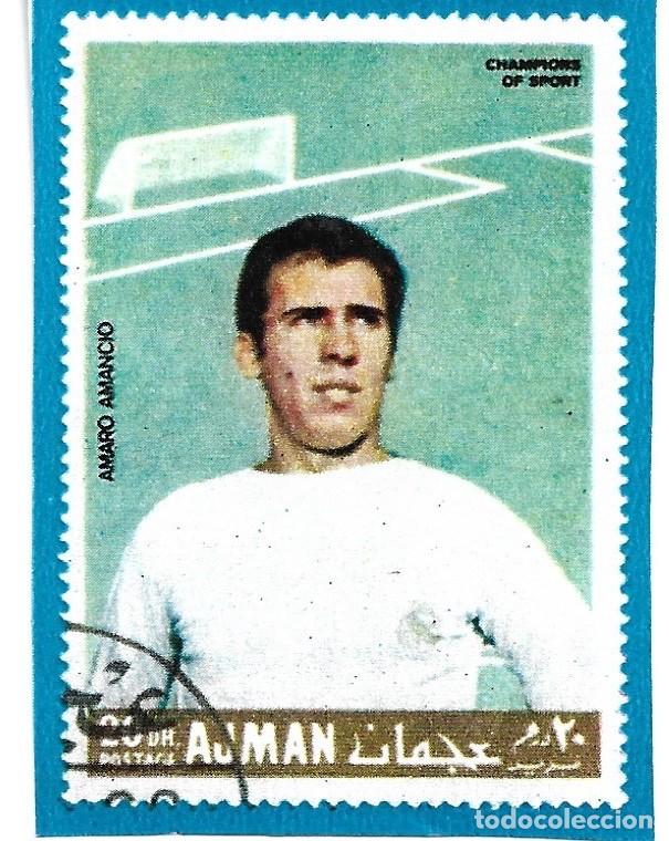 Collezionismo sportivo: REAL MADRID: Curioso recorte de un sello de AMANCIO, emitido por un emirato &aacute;rabe. 1969