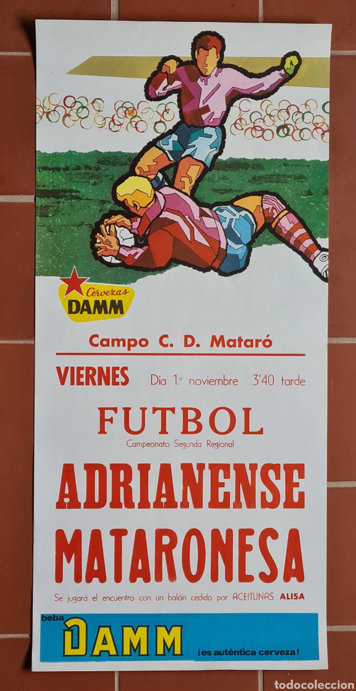 Collectionnisme sportif: Cartel publicidad Cerveza Damm Campeonato 2da Regional F&uacute;tbol Adrianense Mataronesa A&ntilde;o 1968 Mataro