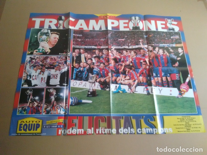 Coleccionismo deportivo: P&Oacute;STER GIGANTE BAR&Ccedil;A BARCELONA TRICAMPEONES LIGA COPA SUPERCOPA EUROPA 1997-1998 SPORT 81 X 61 CM