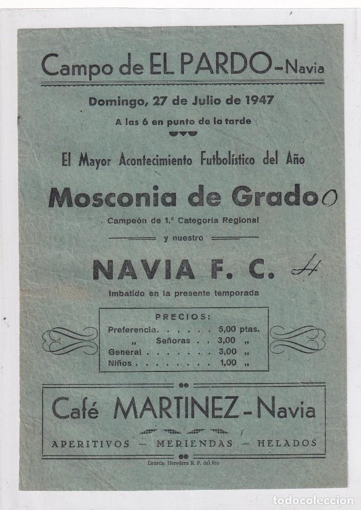 Coleccionismo deportivo: Cartelito futbol Campo del El Pardo Navia. Mosconia del Grado 1947. Precios Caf&eacute; Martinez Navia