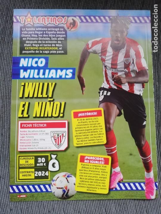 Coleccionismo deportivo: HOJA TIPO POSTER TALENTINOS NICO WILLIAMS ATHLETIC BILBAO REVISTA JUGON 2021 2022 21 22 TAMA&Ntilde;O FOLIO