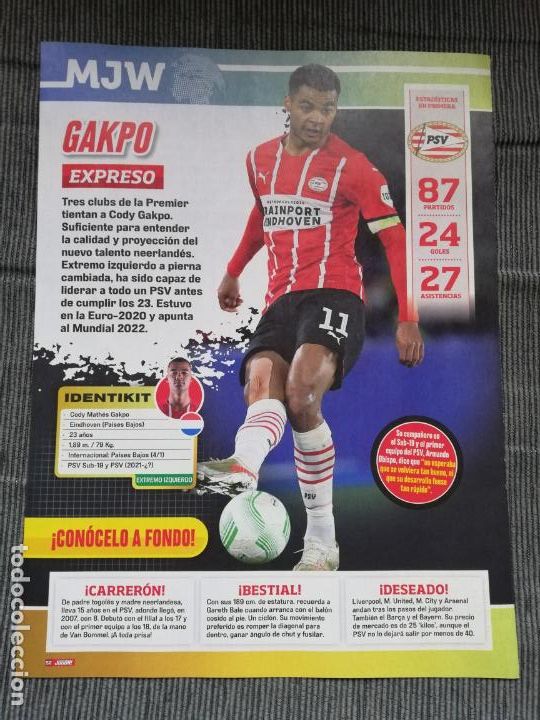 Sammelleidenschaft Sport: HOJA TIPO POSTER GAKPO PSV REVISTA JUGON 2021 2022 21 22 TAMA&Ntilde;O FOLIO